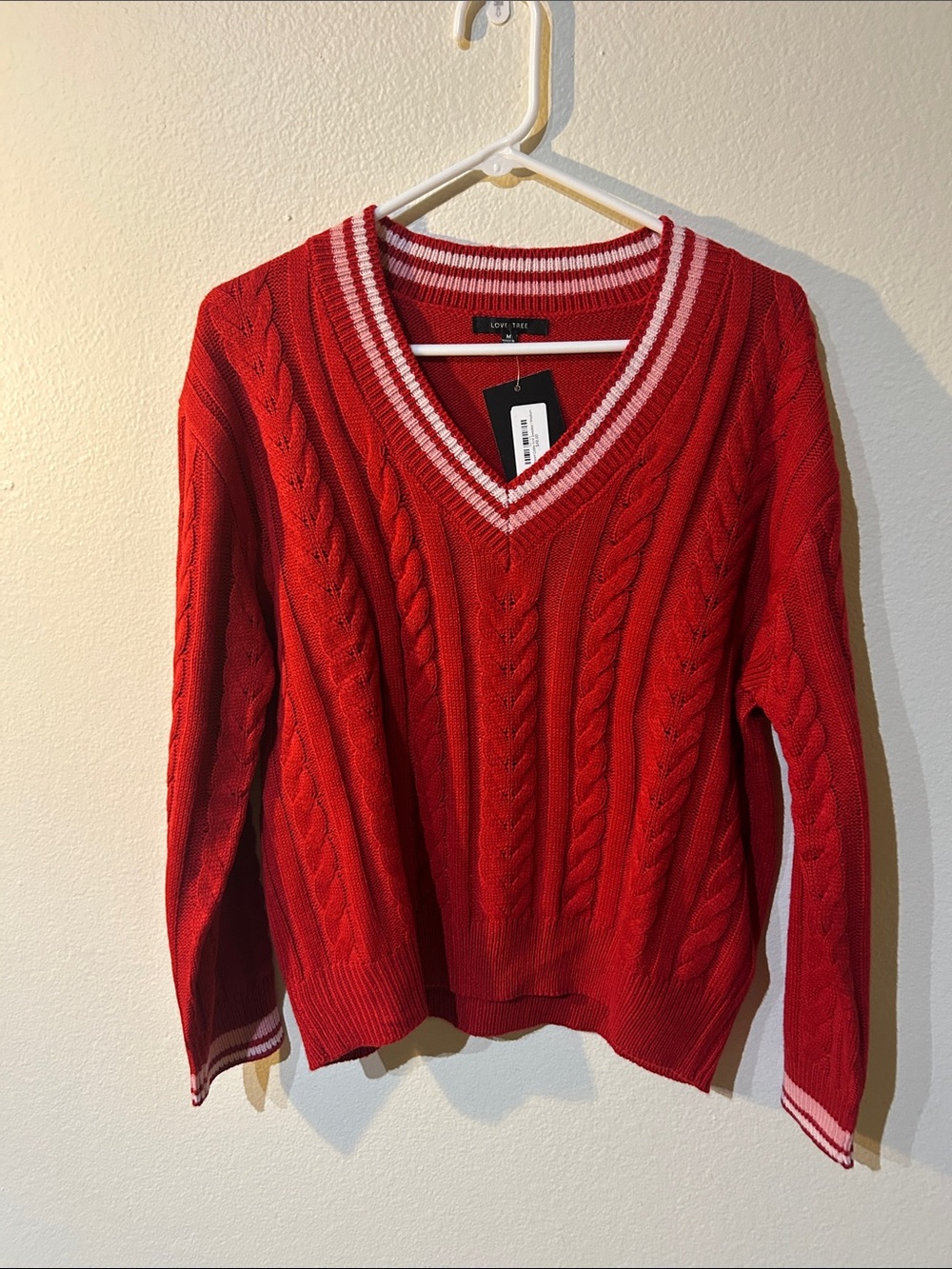 Love Tree Red Cable V-Neck Sweater with Striped Trim